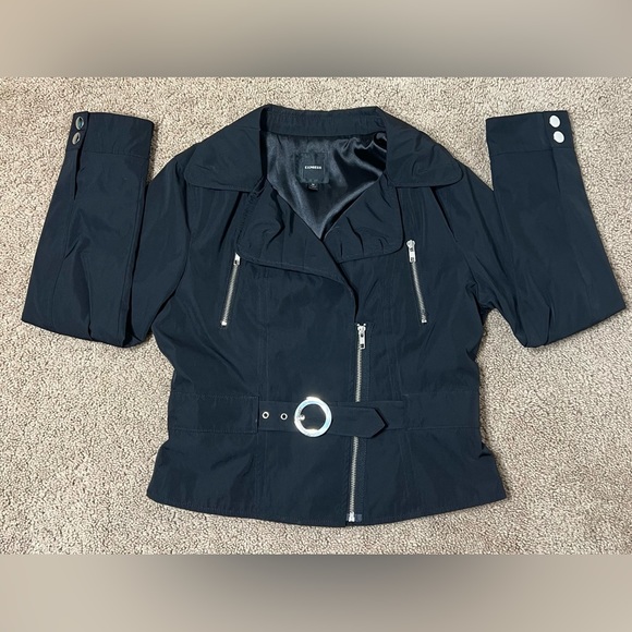 Express Cropped Moto Belted Jacket - black, M - Picture 1 of 7
